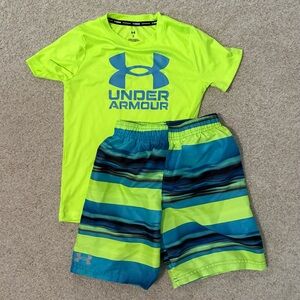 Boys size 7 under armour , SWIM trunk short set preowned great condition